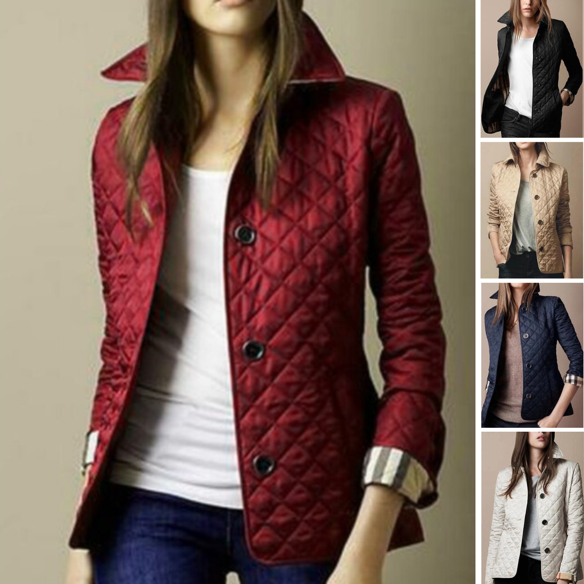 Women's Quilted Button-Up Bomber Jacket with Foldable Cuffs