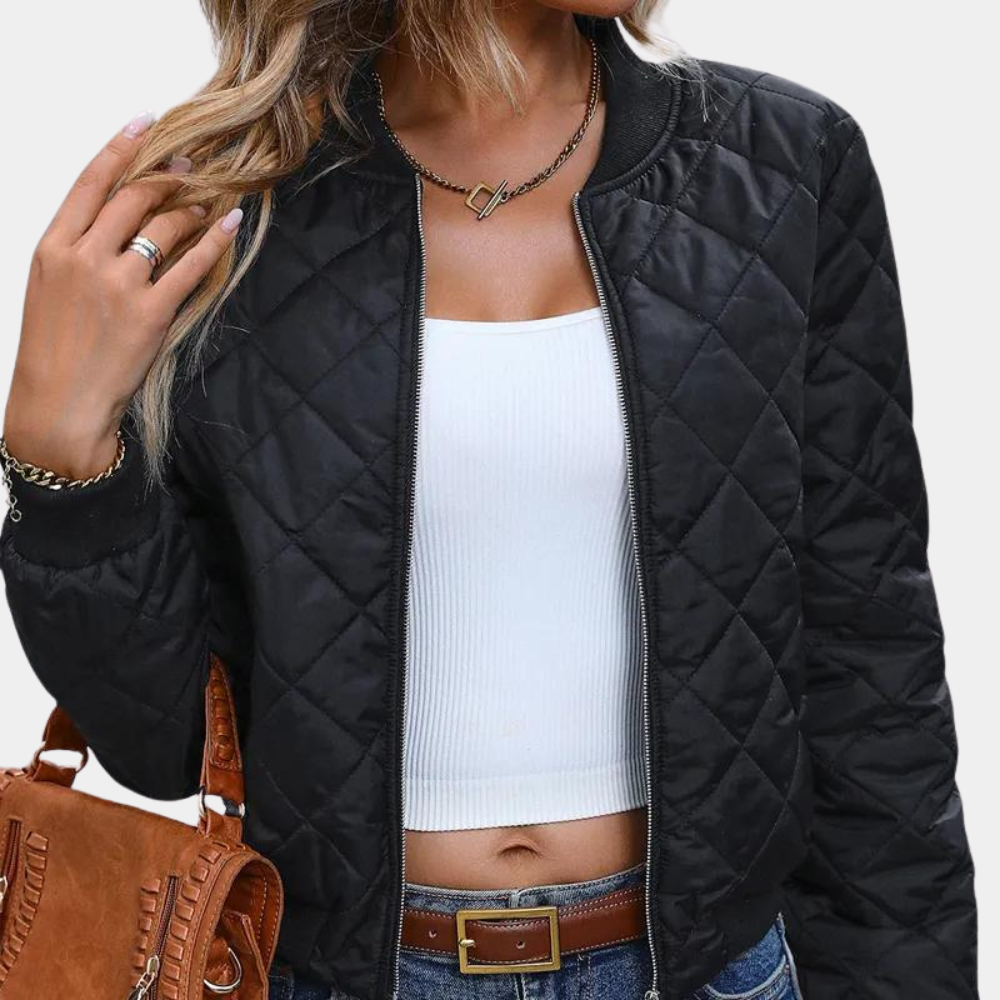 Women's Quilted Bomber Jacket with Zip Front and Ribbed Edges