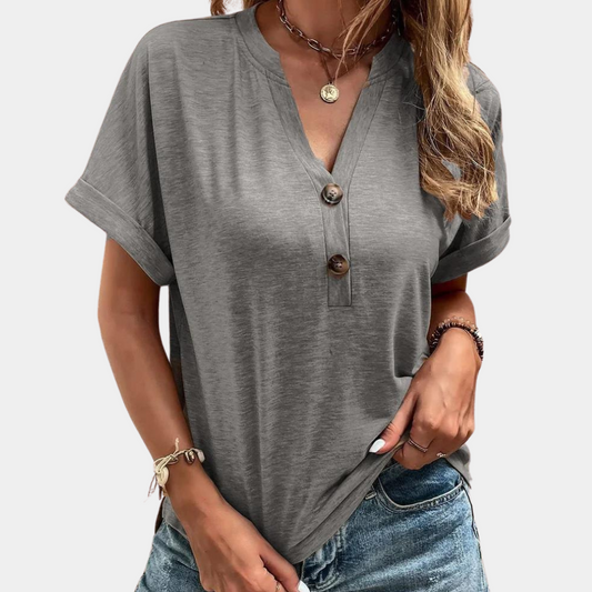 Women's Casual Short-Sleeve Blouse with V-Neck and Button Detail