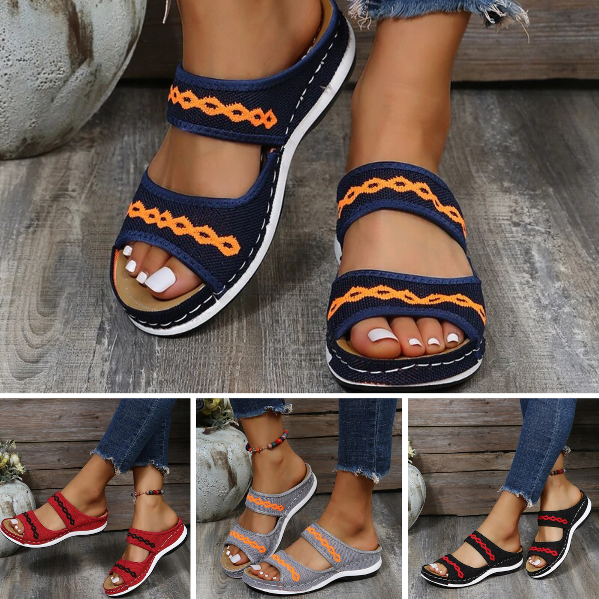 Women's Double Strap Casual Sandals with Embroidered Detailing