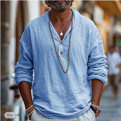 Men’s Long Sleeve Casual Shirt with Relaxed Fit and Button Neckline