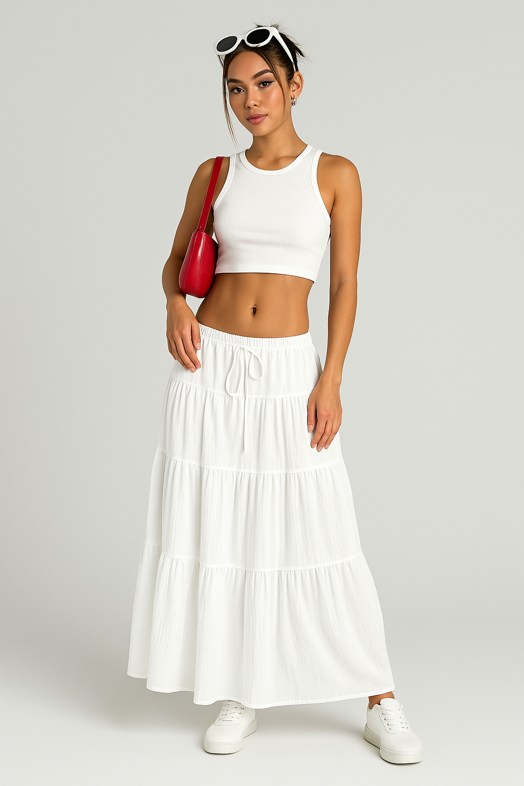 Women's A-Line Maxi Skirt with Tiered Design and Drawstring Waist