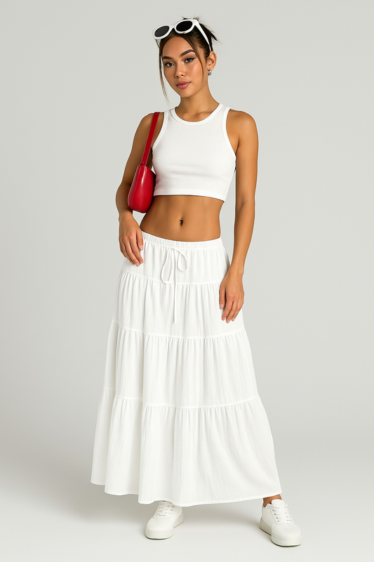 Women's A-Line Maxi Skirt with Tiered Design and Drawstring Waist