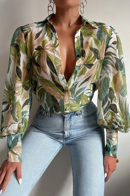 Women's Long Sleeve Leaf Print Blouse with Button Front and Cuffs