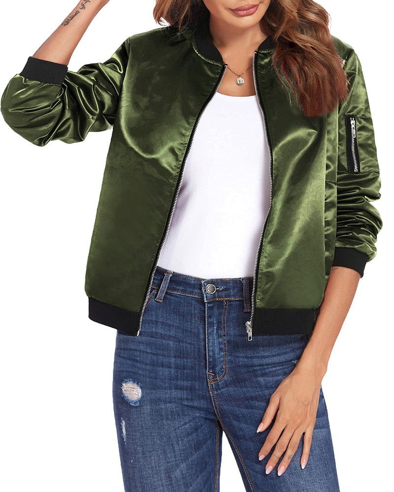 Women's Bomber Jacket with Zip Front and Ribbed Trim Finish