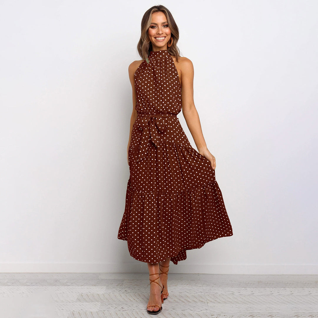 Women’s Polka Dot Halter Neck Maxi Dress with Tie Waist