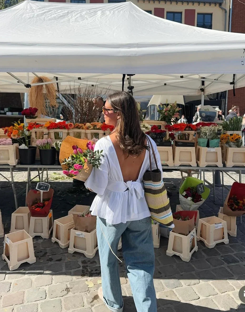 Women's Backless Tie-Waist Blouse with V-Cut and Elbow Sleeves