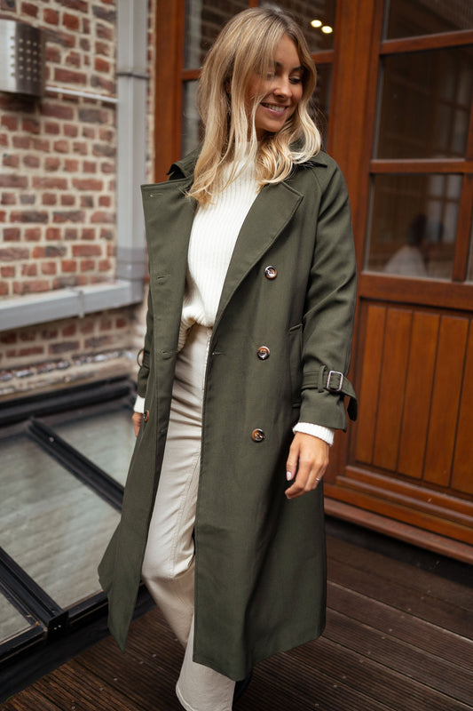 Women's Long Double Breasted Trench Coat with Belt and Lapel Collar