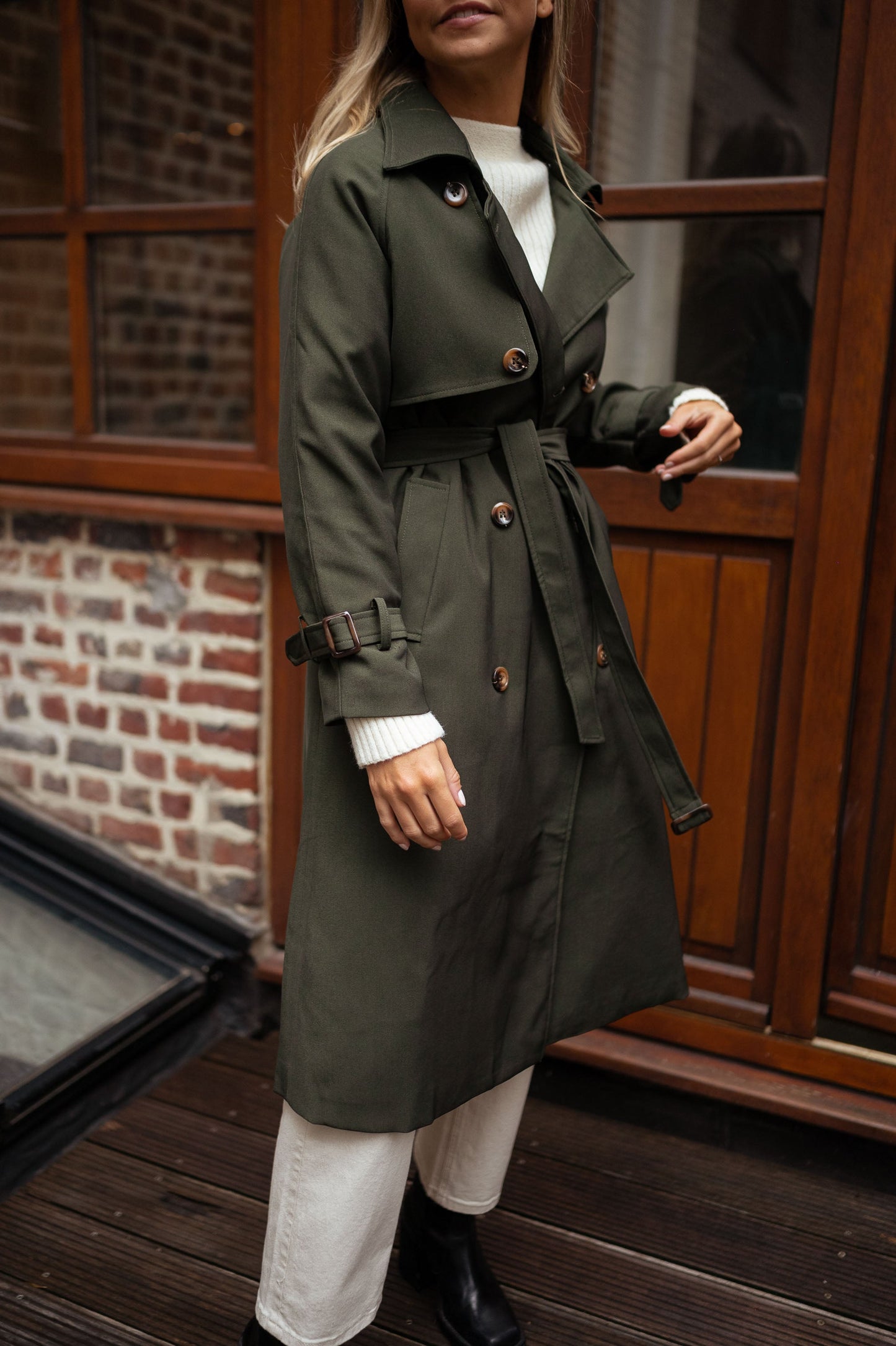 Women's Long Double Breasted Trench Coat with Belt and Lapel Collar