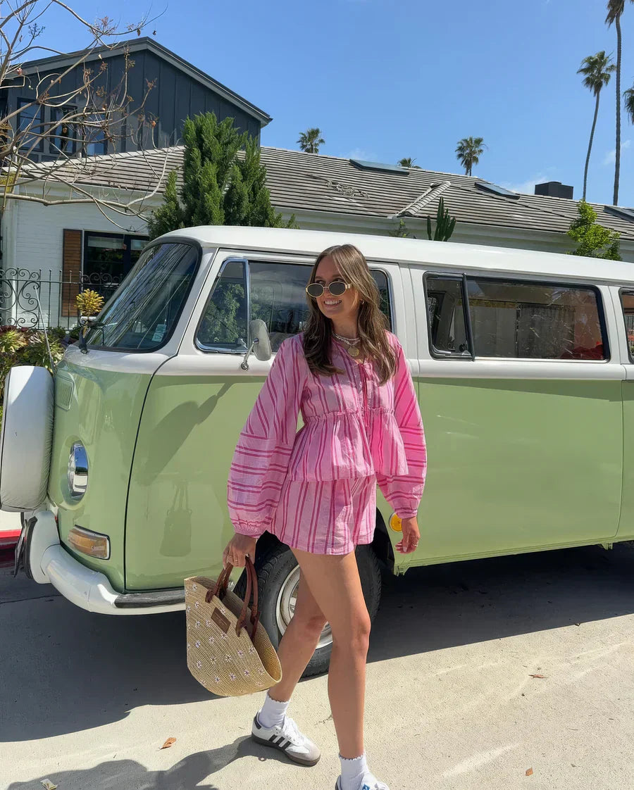 Women's Striped Two-Piece Set with Long-Sleeve Top and Shorts