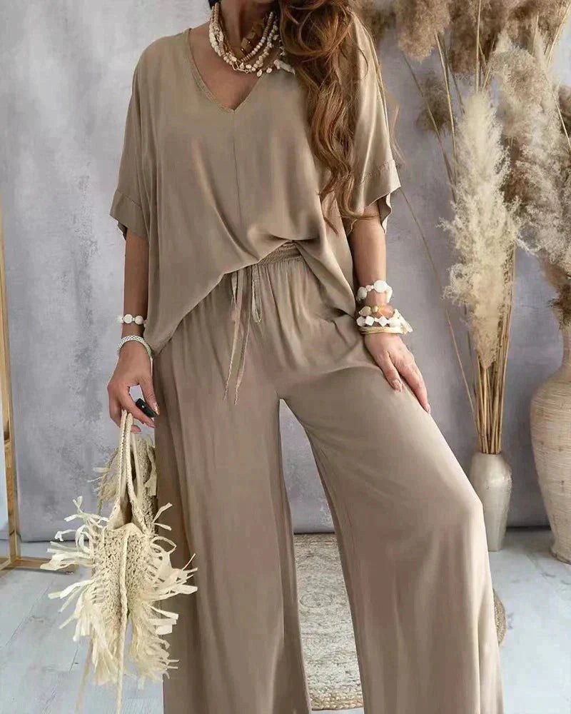 Women's Relaxed Two-Piece Set with V-Neck Top and Wide-Leg Pants