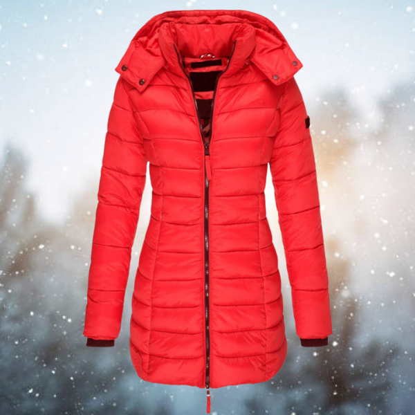 Women's Puffer Winter Jacket with Hood and Full-Length Zip