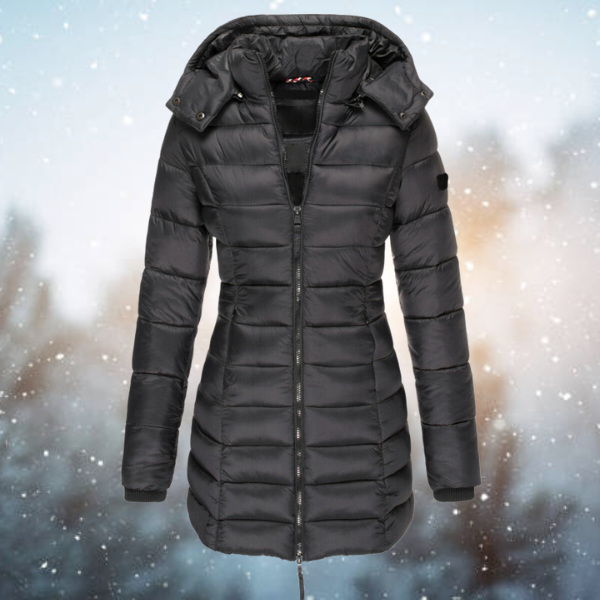 Women's Puffer Winter Jacket with Hood and Full-Length Zip