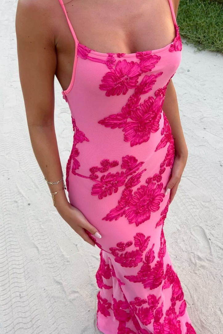 Women's Floral Knot Strap Maxi Dress with Bodycon Silhouette