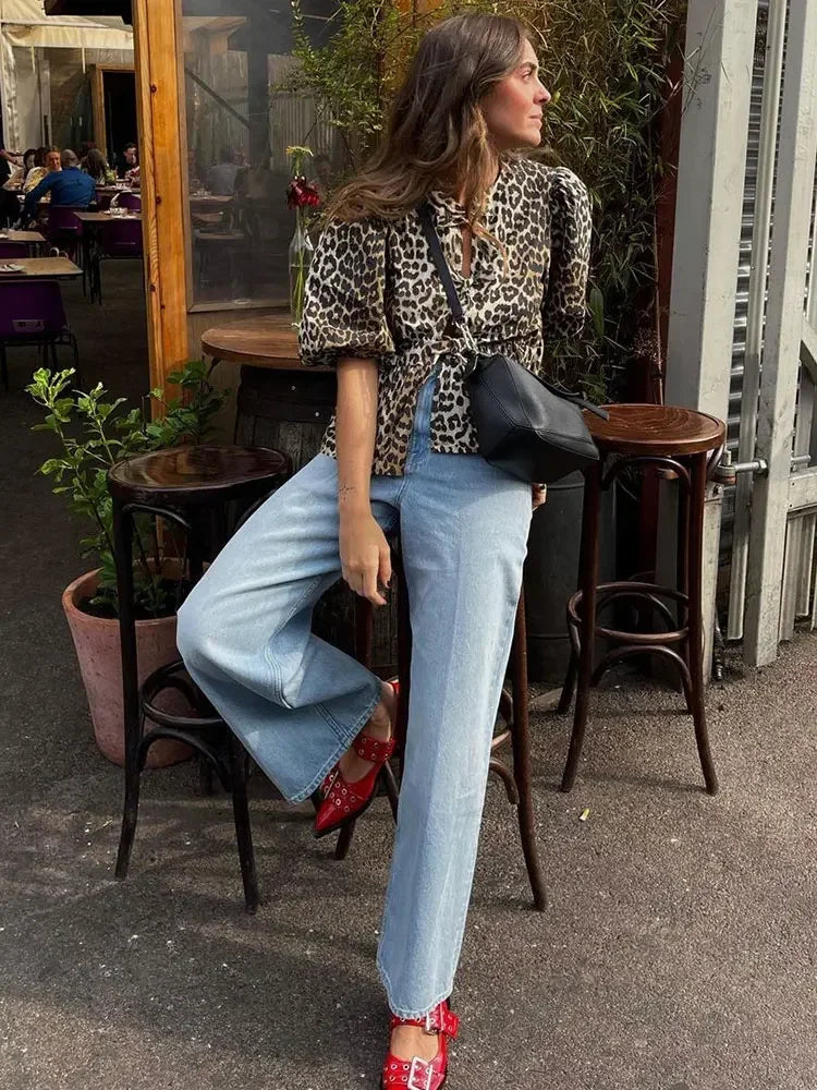 Women's Puff Sleeve Leopard Print Blouse