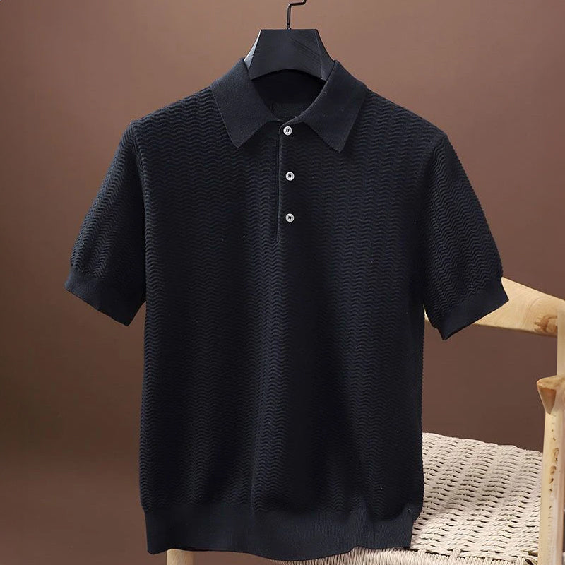Men's Textured Knit Polo Shirt with Button Front and Short Sleeves