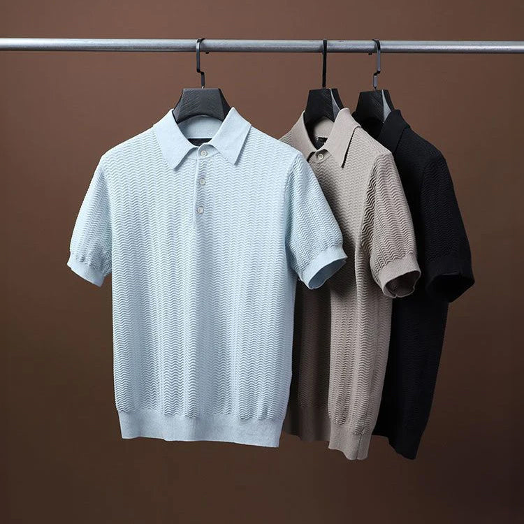 Men's Textured Knit Polo Shirt with Button Front and Short Sleeves