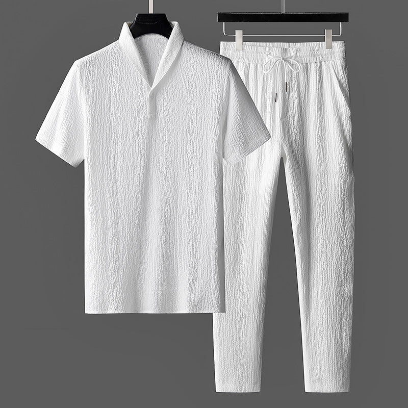 Men's Two-Piece Set with Short-Sleeve Polo Shirt and Relaxed Pants