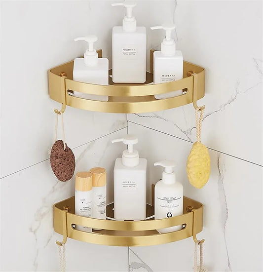 Corner shelf for bathroom, wall-mounted, in brushed gold aluminum.