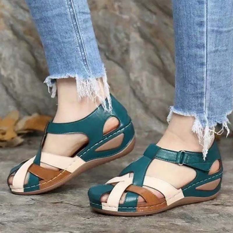 Women's Closed-Toe Strappy Wedge Sandals with Cutout Side Design
