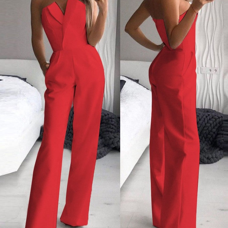 Women’s Strapless Wide-Leg Jumpsuit with Elegant Fit and Pockets