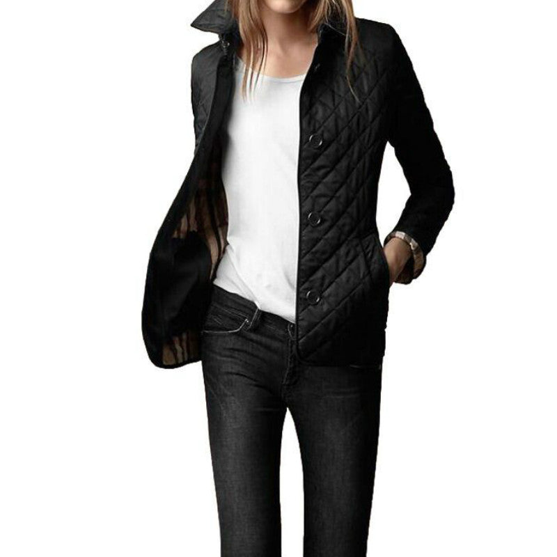 Women's Quilted Button-Up Bomber Jacket with Foldable Cuffs