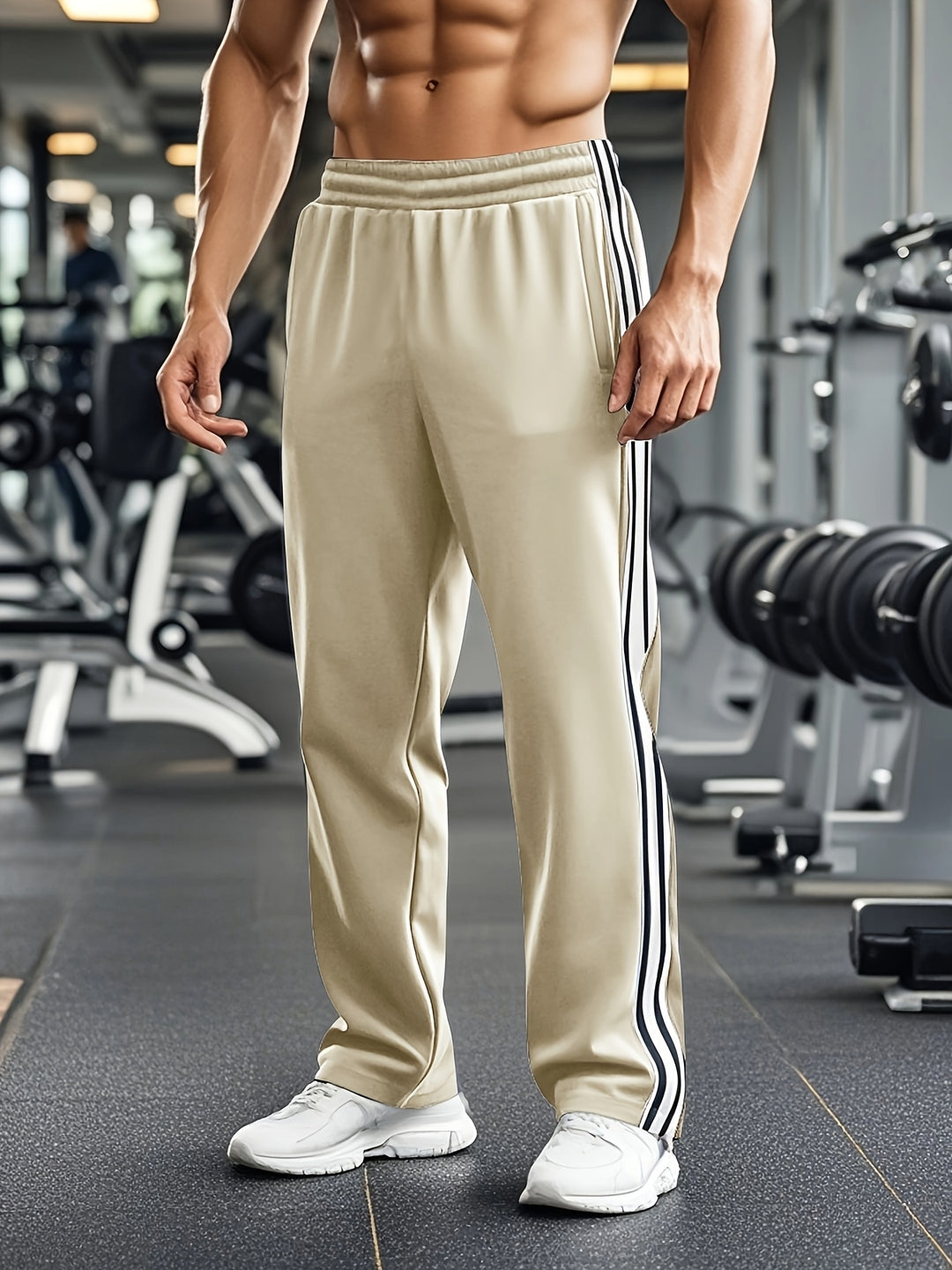 Men's Athletic Track Trousers with Elastic Waistband and Side Stripes