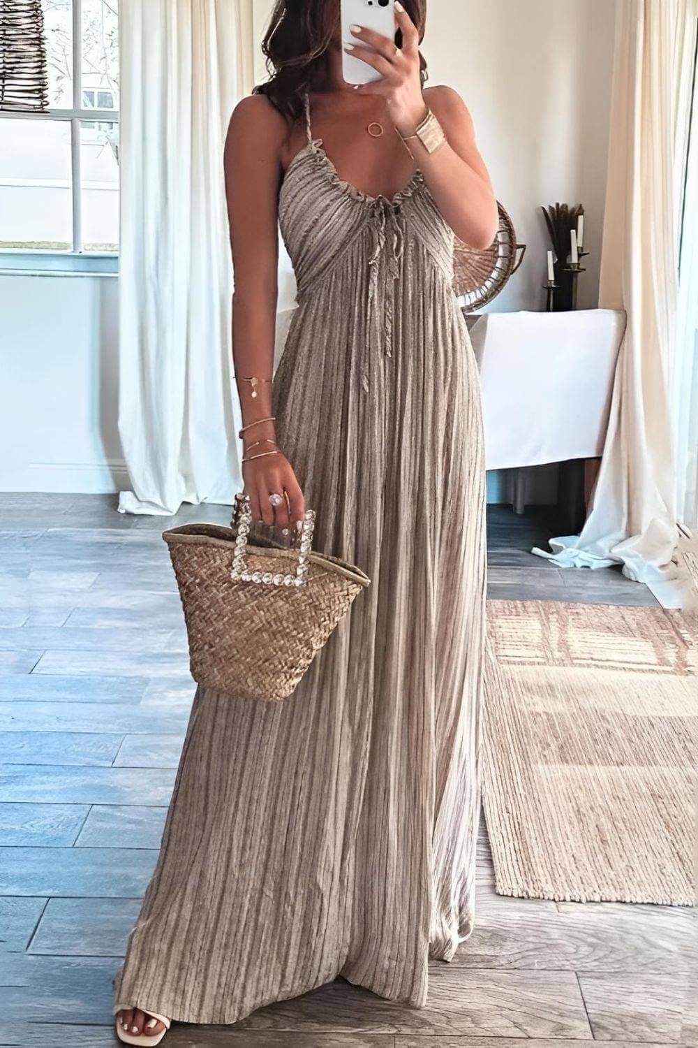 Women's Pleated Maxi Dress with Ruffle Detail and Spaghetti Straps