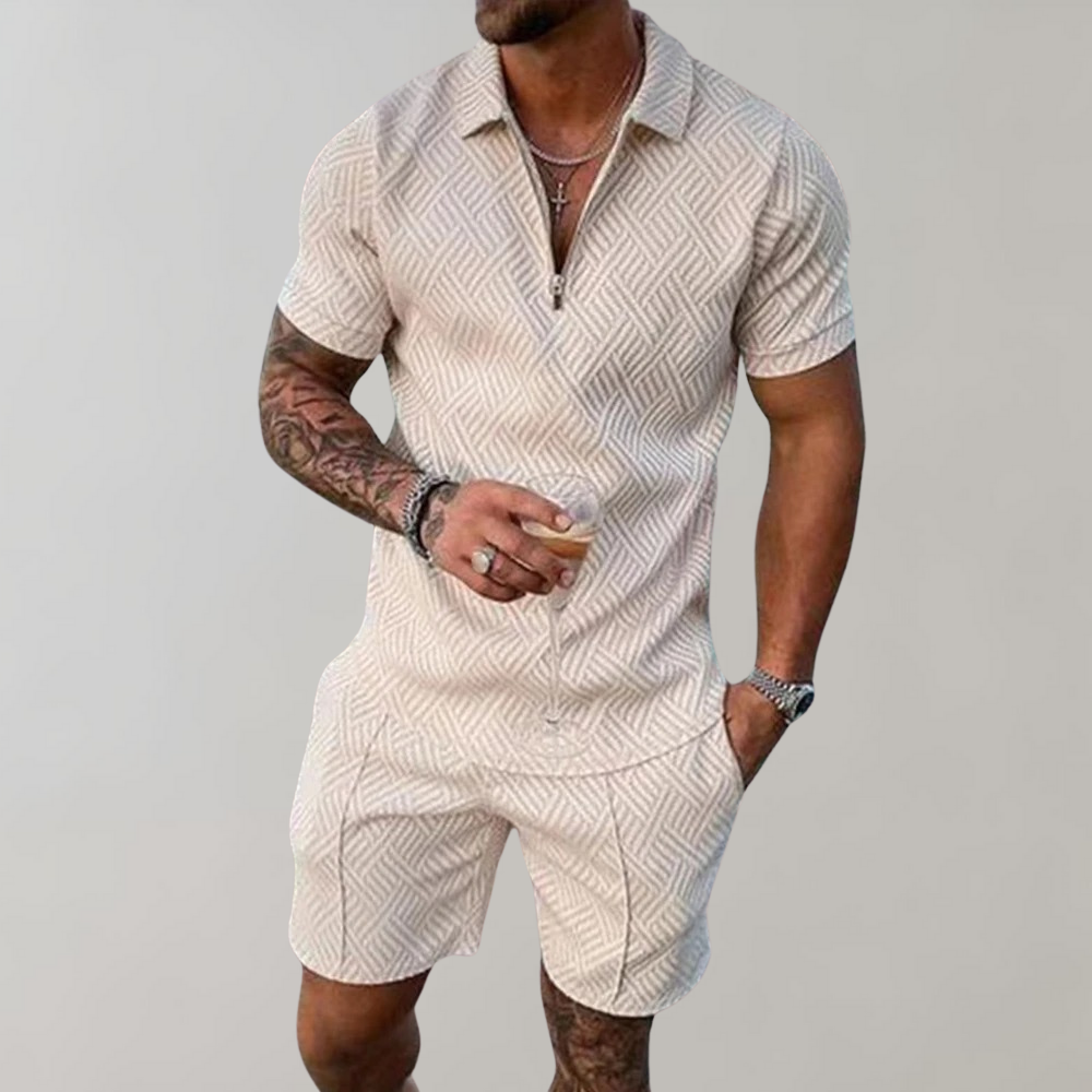Men's Textured Zip-Up Polo Shirt and Shorts Two-Piece Outfit
