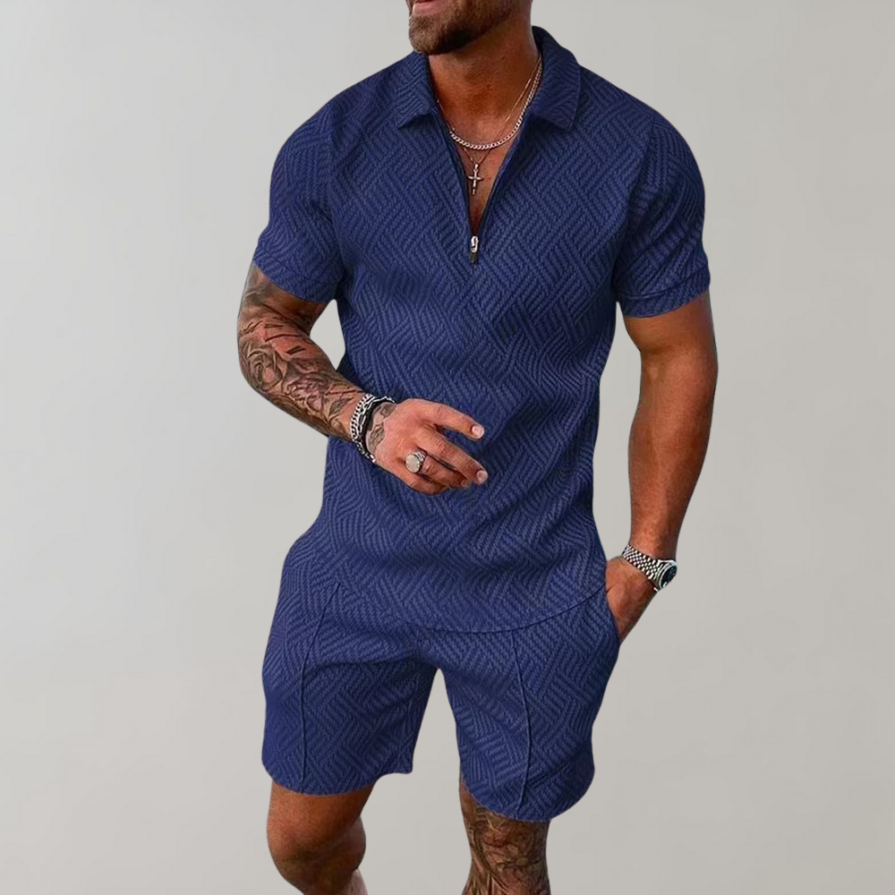 Men's Textured Zip-Up Polo Shirt and Shorts Two-Piece Outfit