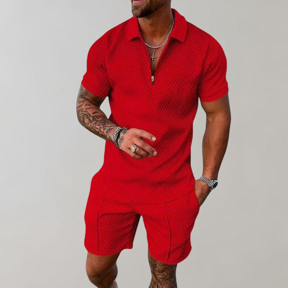 Men's Textured Zip-Up Polo Shirt and Shorts Two-Piece Outfit