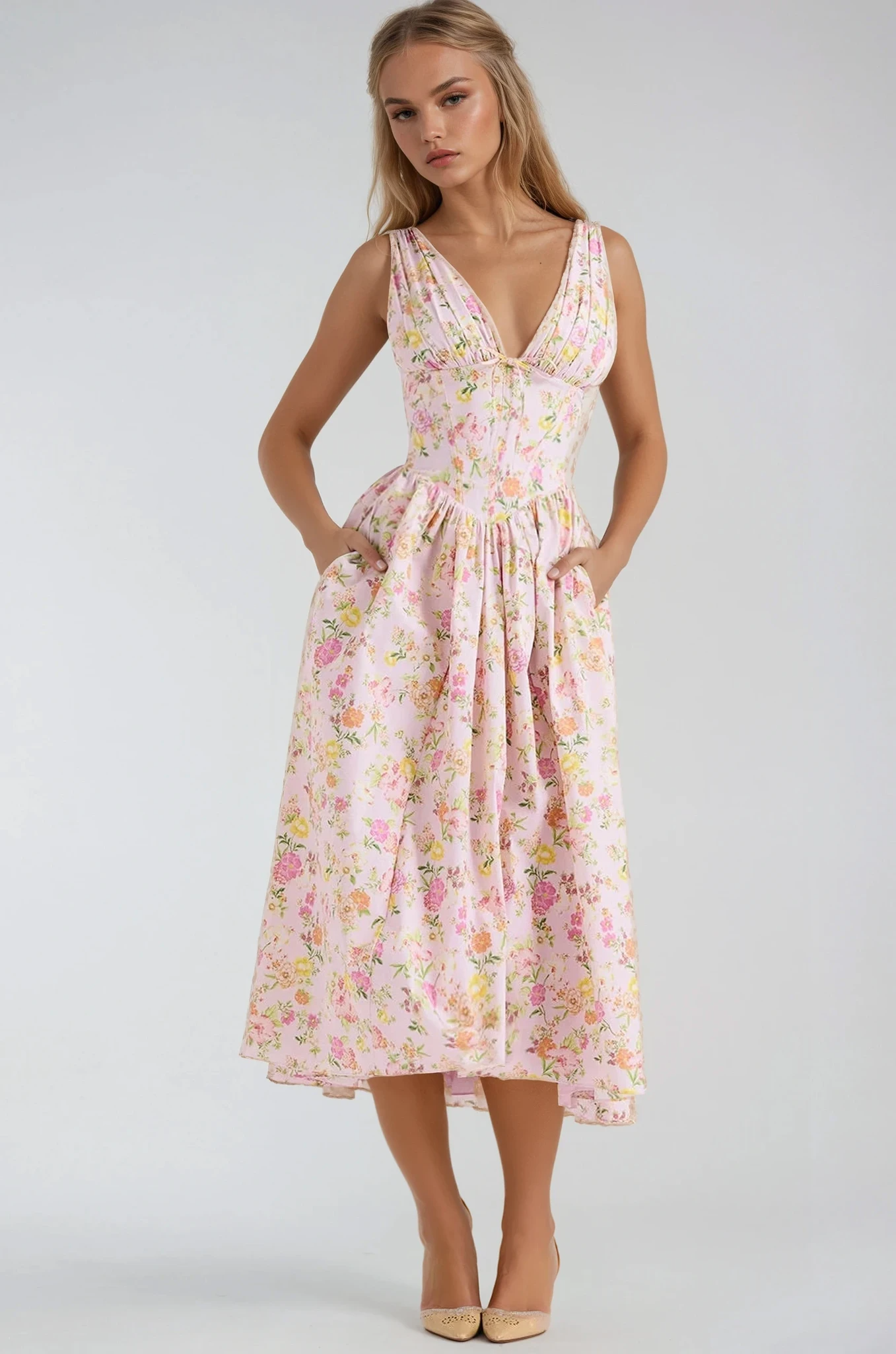 Women's Floral Corset Midi Dress with V-Neck and Full Skirt