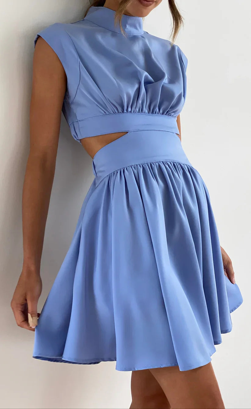 Women's High Neck Cutout Mini Dress with Pleated Skirt