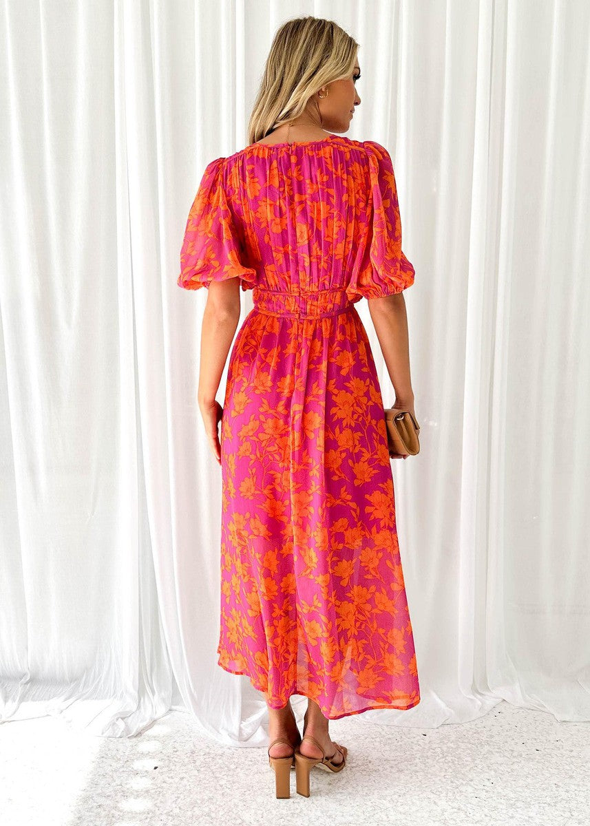 Women's Floral V-Neck Maxi Dress with Puff Sleeves