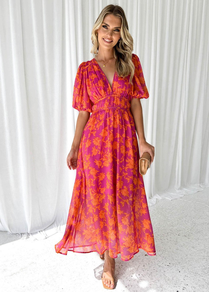 Women's Floral V-Neck Maxi Dress with Puff Sleeves