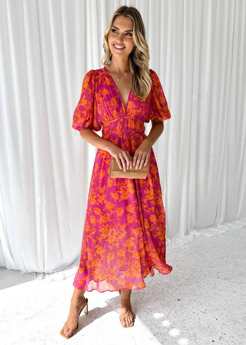 Women's Floral V-Neck Maxi Dress with Puff Sleeves