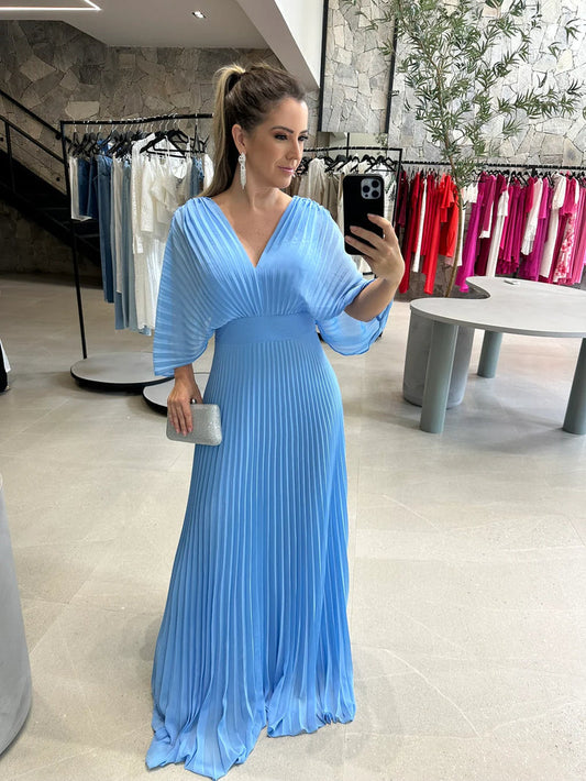 Women’s Elegant Maxi Dress with Pleated Skirt and Wide Sleeves
