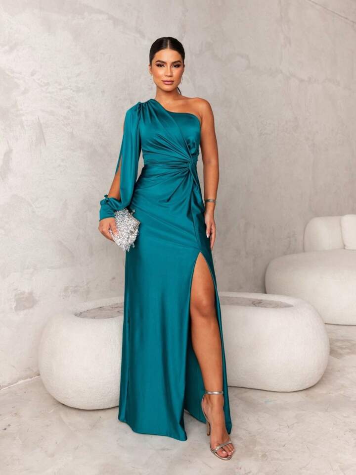Women's One-Shoulder Maxi Dress with Slit and Knot Waist Detail
