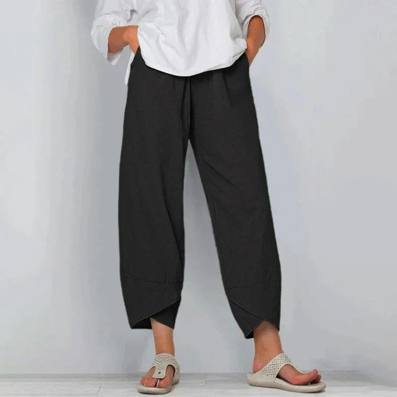 Women's Loose-Fit Cropped Pants with Overlap Hem Detail