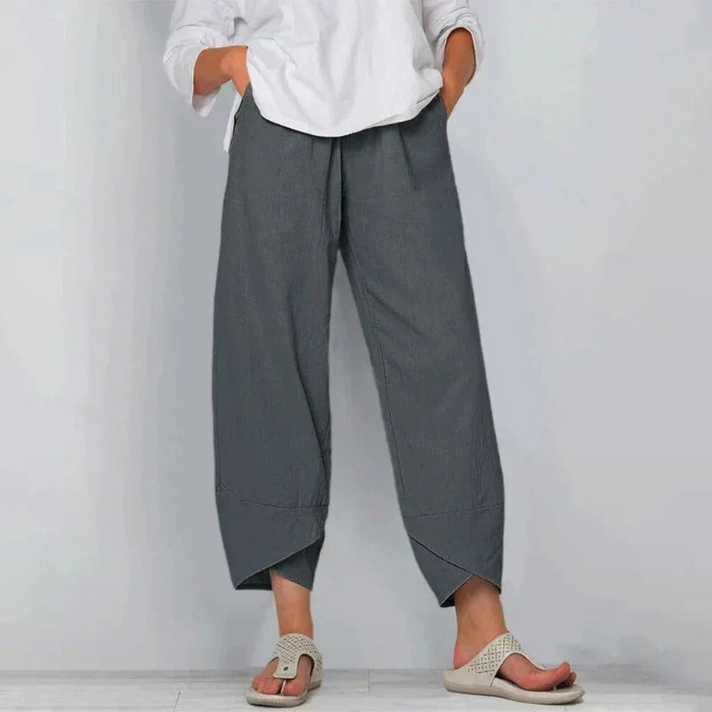 Women's Loose-Fit Cropped Pants with Overlap Hem Detail
