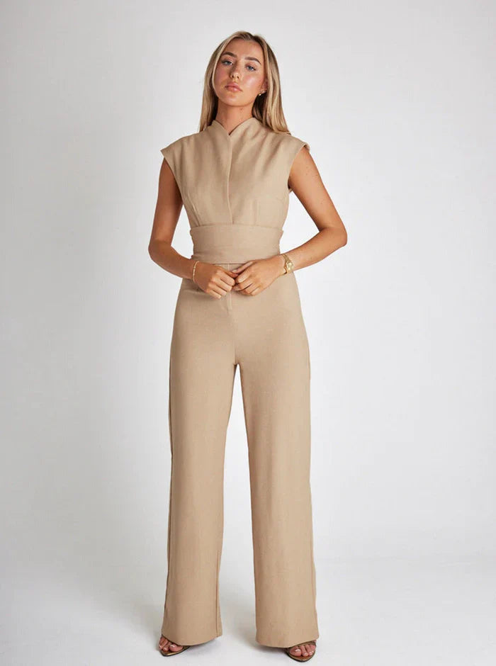 Women's Sleeveless Wide-Leg Jumpsuit with Draped Neck Detail