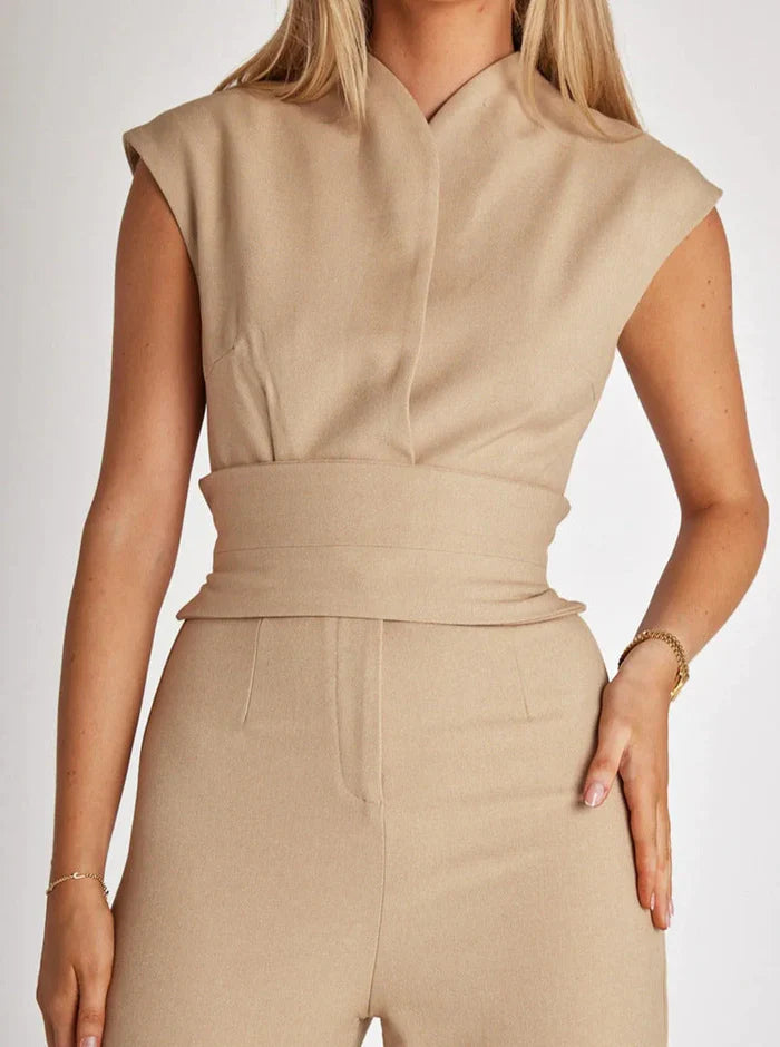 Women's Sleeveless Wide-Leg Jumpsuit with Draped Neck Detail