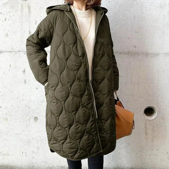 Women's Quilted Hooded Coat with Full Zip and Long Silhouette