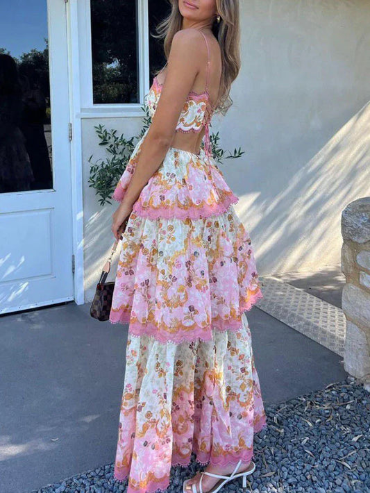 Women's Tiered Maxi Dress with Spaghetti Straps and Floral Print