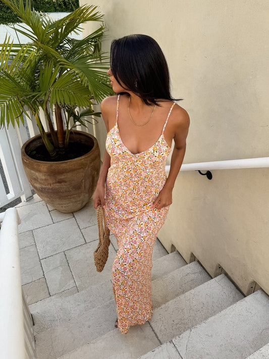 Women's Floral Print Spaghetti Strap Maxi Dress with Fitted Silhouette