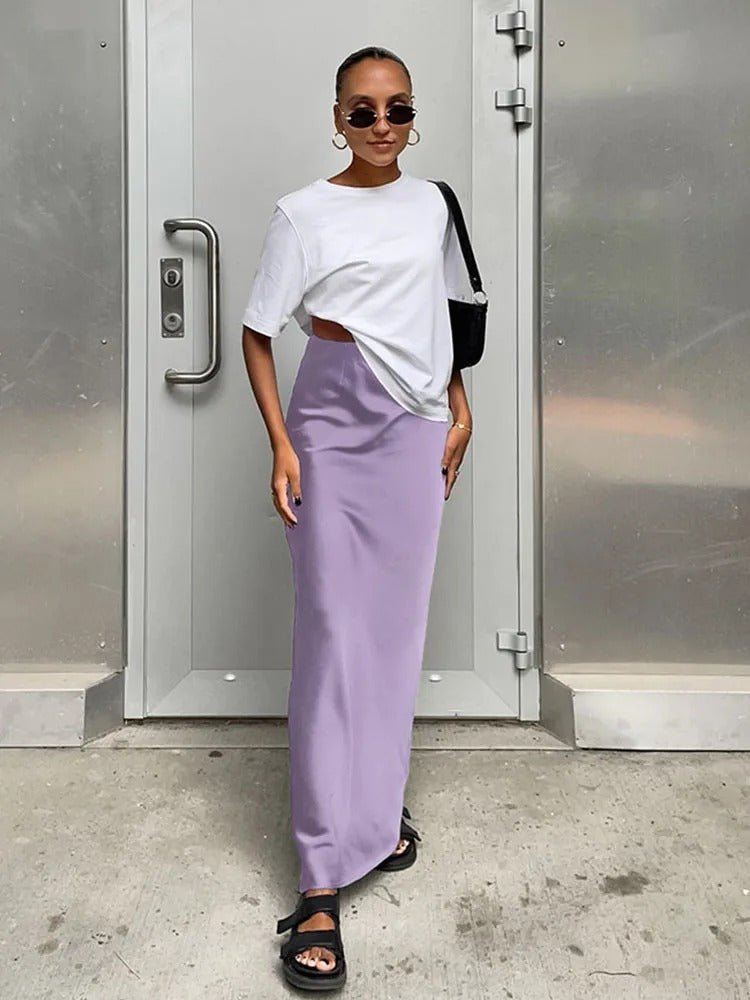 Women's High-Waisted Satin Maxi Skirt with Sleek Straight Cut