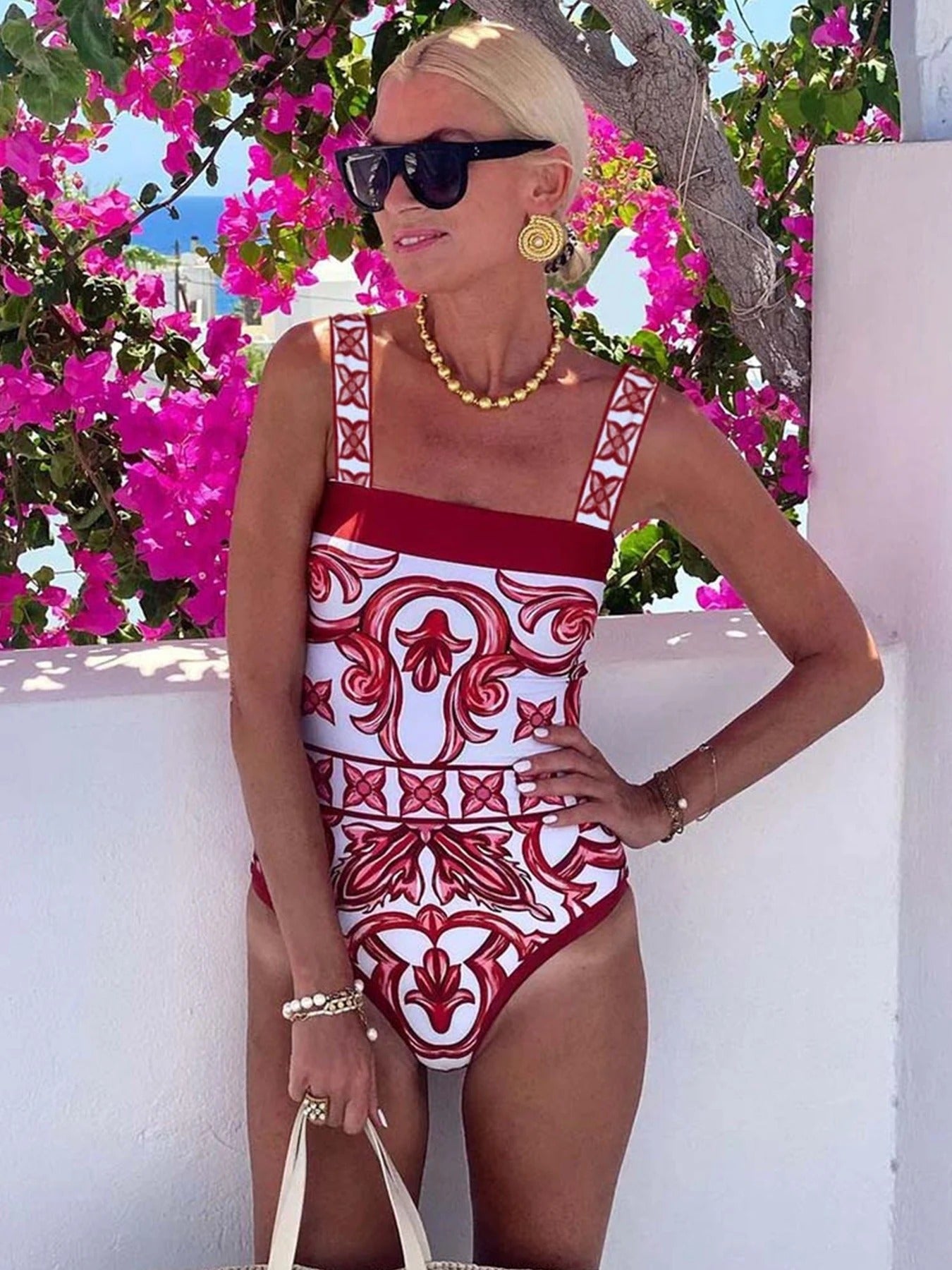 Women's Baroque Print Two-Piece Strapless Top and Wide-Leg Pants