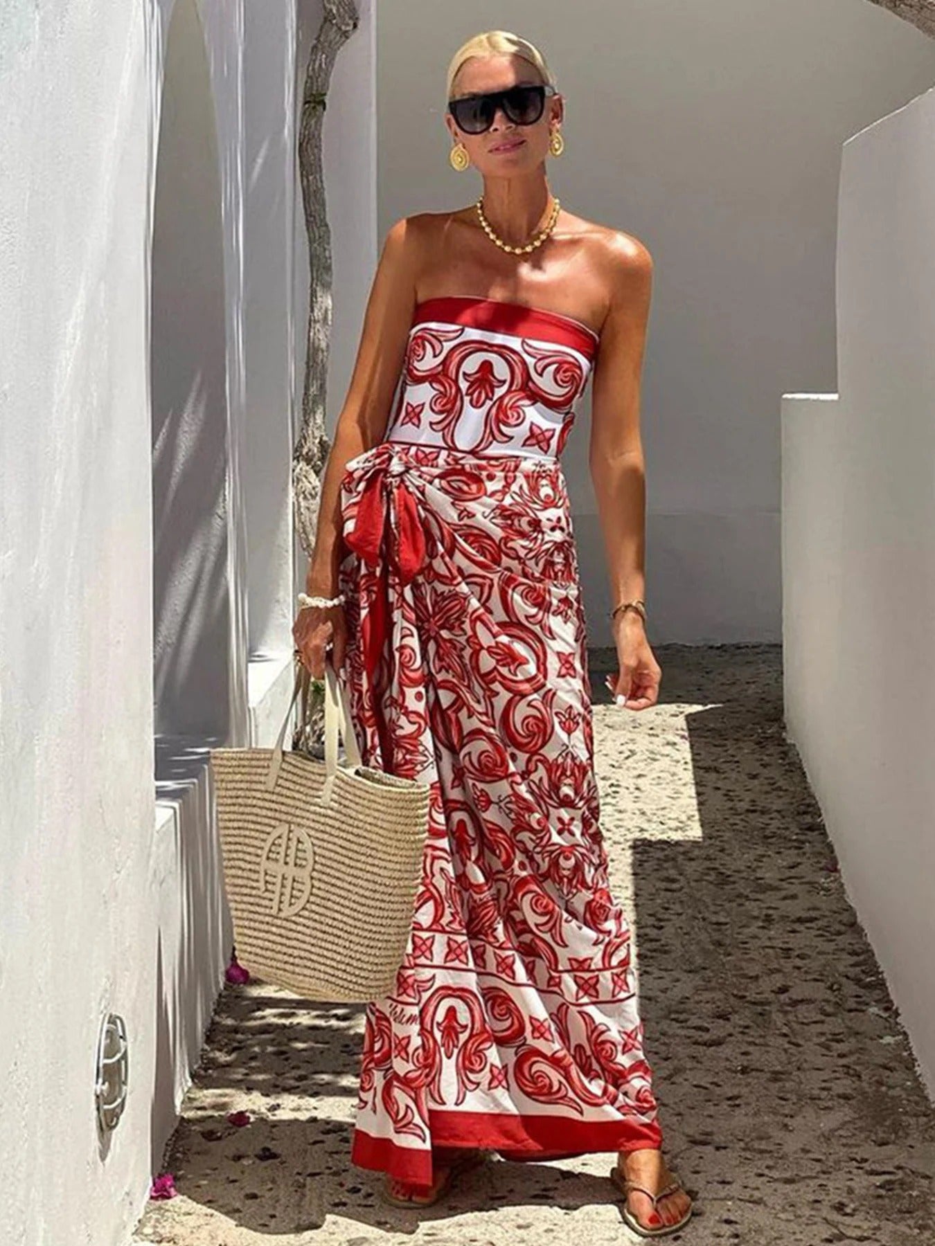 Women's Baroque Print Two-Piece Strapless Top and Wide-Leg Pants