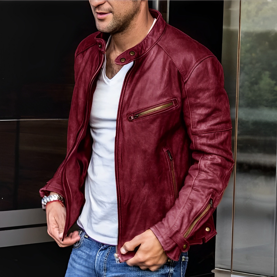 Men's Leather Jacket with Stand Collar and Functional Zip Details
