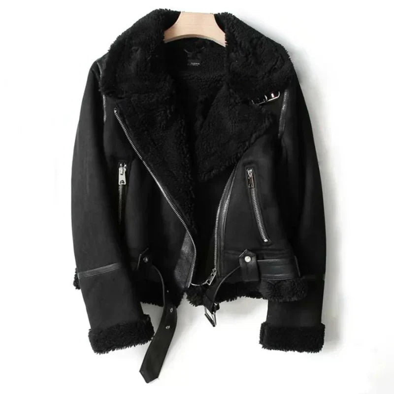 Women's Leather Jacket with Belted Hem and Zipper Closure